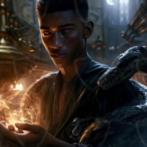 AI-generated wizards of the serpent house — handsome shirtless mages of the wizard academy conjuring demonic snakes in dark cinematic UHD fantasy art.