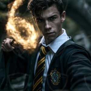 AI-generated wizards of the serpent house handsome shirtless mages of the wizard academy conjuring demonic snakes in dark cinematic UHD fantasy art.