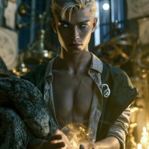 AI-generated wizards of the serpent house handsome shirtless mages of the wizard academy conjuring demonic snakes in dark cinematic UHD fantasy art.