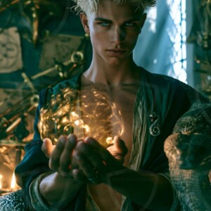 AI-generated wizards of the serpent house handsome shirtless mages of the wizard academy conjuring demonic snakes in dark cinematic UHD fantasy art.