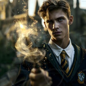 AI-generated wizards of the serpent house handsome shirtless mages of the wizard academy conjuring demonic snakes in dark cinematic UHD fantasy art.