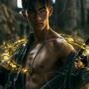 AI-generated wizards of the serpent house handsome shirtless mages of the wizard academy conjuring demonic snakes in dark cinematic UHD fantasy art.