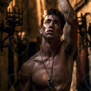 AI-generated wizards of the serpent house handsome shirtless mages of the wizard academy conjuring demonic snakes in dark cinematic UHD fantasy art.