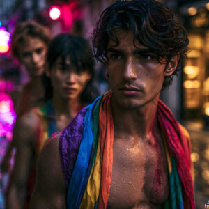 AI-generated Pride celebration art handsome men at vibrant LGBTQ+ Pride parades, embellished with rainbow colors, walking with pride, and celebrating love. By Jeff Dupler.
