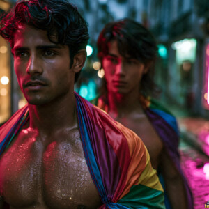 AI-generated Pride celebration art handsome men at vibrant LGBTQ+ Pride parades, embellished with rainbow colors, walking with pride, and celebrating love. By Jeff Dupler.