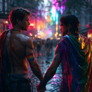 AI-generated Pride celebration art handsome men at vibrant LGBTQ+ Pride parades, embellished with rainbow colors, walking with pride, and celebrating love. By Jeff Dupler.