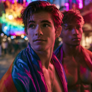 AI-generated Pride celebration art handsome men at vibrant LGBTQ+ Pride parades, embellished with rainbow colors, walking with pride, and celebrating love. By Jeff Dupler.