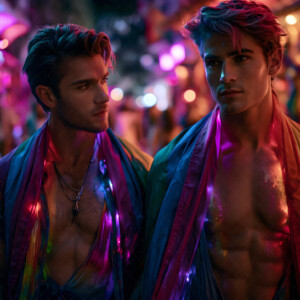 AI-generated Pride celebration art handsome men at vibrant LGBTQ+ Pride parades, embellished with rainbow colors, walking with pride, and celebrating love. By Jeff Dupler.