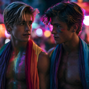 AI-generated Pride celebration art handsome men at vibrant LGBTQ+ Pride parades, embellished with rainbow colors, walking with pride, and celebrating love. By Jeff Dupler.