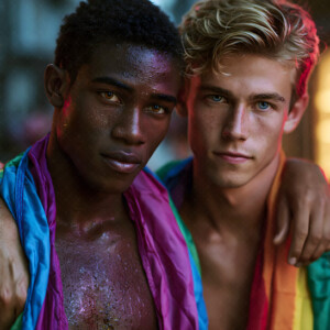 AI-generated Pride celebration art handsome men at vibrant LGBTQ+ Pride parades, embellished with rainbow colors, walking with pride, and celebrating love. By Jeff Dupler.