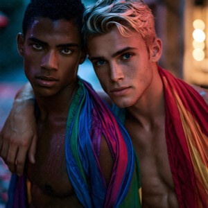 AI-generated Pride celebration art handsome men at vibrant LGBTQ+ Pride parades, embellished with rainbow colors, walking with pride, and celebrating love. By Jeff Dupler.