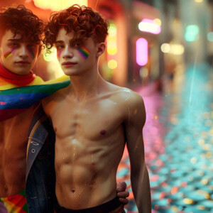 AI-generated Pride celebration art handsome men at vibrant LGBTQ+ Pride parades, embellished with rainbow colors, walking with pride, and celebrating love. By Jeff Dupler.