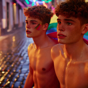 AI-generated Pride celebration art handsome men at vibrant LGBTQ+ Pride parades, embellished with rainbow colors, walking with pride, and celebrating love. By Jeff Dupler.