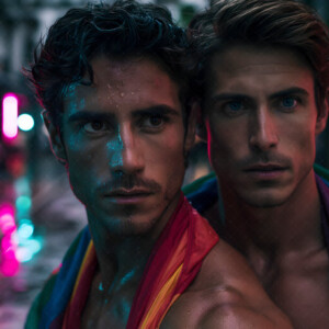 AI-generated Pride celebration art handsome men at vibrant LGBTQ+ Pride parades, embellished with rainbow colors, walking with pride, and celebrating love. By Jeff Dupler.