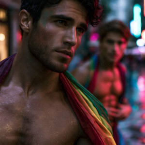 AI-generated Pride celebration art handsome men at vibrant LGBTQ+ Pride parades, embellished with rainbow colors, walking with pride, and celebrating love. By Jeff Dupler.