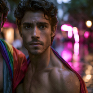 AI-generated Pride celebration art handsome men at vibrant LGBTQ+ Pride parades, embellished with rainbow colors, walking with pride, and celebrating love. By Jeff Dupler.
