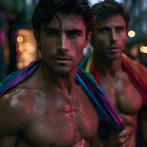 AI-generated Pride celebration art handsome men at vibrant LGBTQ+ Pride parades, embellished with rainbow colors, walking with pride, and celebrating love. By Jeff Dupler.