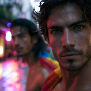 AI-generated Pride celebration art handsome men at vibrant LGBTQ+ Pride parades, embellished with rainbow colors, walking with pride, and celebrating love. By Jeff Dupler.