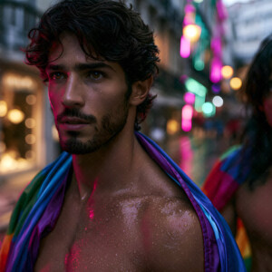 AI-generated Pride celebration art handsome men at vibrant LGBTQ+ Pride parades, embellished with rainbow colors, walking with pride, and celebrating love. By Jeff Dupler.
