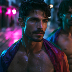 AI-generated Pride celebration art handsome men at vibrant LGBTQ+ Pride parades, embellished with rainbow colors, walking with pride, and celebrating love. By Jeff Dupler.