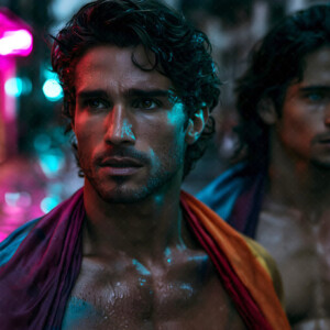 AI-generated Pride celebration art handsome men at vibrant LGBTQ+ Pride parades, embellished with rainbow colors, walking with pride, and celebrating love. By Jeff Dupler.