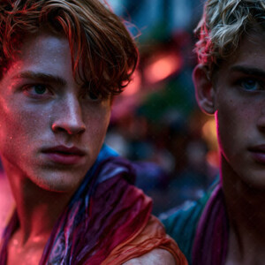 AI-generated Pride celebration art handsome men at vibrant LGBTQ+ Pride parades, embellished with rainbow colors, walking with pride, and celebrating love. By Jeff Dupler.
