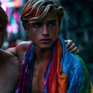AI-generated Pride celebration art handsome men at vibrant LGBTQ+ Pride parades, embellished with rainbow colors, walking with pride, and celebrating love. By Jeff Dupler.