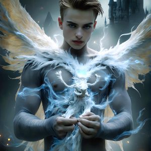 AI male art photos with a fantastical atmosphere. Imagine a Hogwarts School of Witchcraft student, from the Harry Potter series, a handsome, beautiful, and attractive, shirtless young teenage boy, standing firm against a threat. With a detailed Hogwarts castle background, casting a powerful spell, conjuring creatures based on their assigned house crest. From Demonic snakes, powerful lions, fierce badgers, or a murder of Crows. Dementors floating ominously in a cloudy sky, and sparks, shadows, and cinematic lighting, offering an otherworldly vibe.