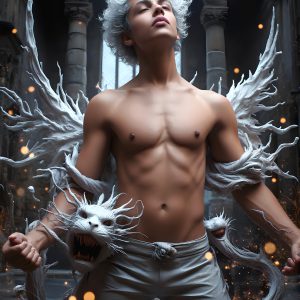 AI male art photos with a fantastical atmosphere. Imagine a Hogwarts School of Witchcraft student, from the Harry Potter series, a handsome, beautiful, and attractive, shirtless young teenage boy, standing firm against a threat. With a detailed Hogwarts castle background, casting a powerful spell, conjuring creatures based on their assigned house crest. From Demonic snakes, powerful lions, fierce badgers, or a murder of Crows. Dementors floating ominously in a cloudy sky, and sparks, shadows, and cinematic lighting, offering an otherworldly vibe.