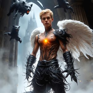 AI male art photos with a fantastical atmosphere. Imagine a Hogwarts School of Witchcraft student, from the Harry Potter series, a handsome, beautiful, and attractive, shirtless young teenage boy, standing firm against a threat. With a detailed Hogwarts castle background, casting a powerful spell, conjuring creatures based on their assigned house crest. From Demonic snakes, powerful lions, fierce badgers, or a murder of Crows. Dementors floating ominously in a cloudy sky, and sparks, shadows, and cinematic lighting, offering an otherworldly vibe.