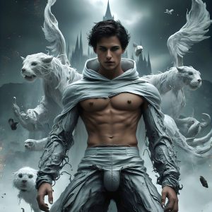 AI male art photos with a fantastical atmosphere. Imagine a Hogwarts School of Witchcraft student, from the Harry Potter series, a handsome, beautiful, and attractive, shirtless young teenage boy, standing firm against a threat. With a detailed Hogwarts castle background, casting a powerful spell, conjuring creatures based on their assigned house crest. From Demonic snakes, powerful lions, fierce badgers, or a murder of Crows. Dementors floating ominously in a cloudy sky, and sparks, shadows, and cinematic lighting, offering an otherworldly vibe.