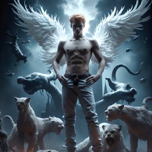 AI male art photos with a fantastical atmosphere. Imagine a Hogwarts School of Witchcraft student, from the Harry Potter series, a handsome, beautiful, and attractive, shirtless young teenage boy, standing firm against a threat. With a detailed Hogwarts castle background, casting a powerful spell, conjuring creatures based on their assigned house crest. From Demonic snakes, powerful lions, fierce badgers, or a murder of Crows. Dementors floating ominously in a cloudy sky, and sparks, shadows, and cinematic lighting, offering an otherworldly vibe.