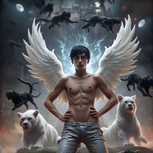 AI male art photos with a fantastical atmosphere. Imagine a Hogwarts School of Witchcraft student, from the Harry Potter series, a handsome, beautiful, and attractive, shirtless young teenage boy, standing firm against a threat. With a detailed Hogwarts castle background, casting a powerful spell, conjuring creatures based on their assigned house crest. From Demonic snakes, powerful lions, fierce badgers, or a murder of Crows. Dementors floating ominously in a cloudy sky, and sparks, shadows, and cinematic lighting, offering an otherworldly vibe.