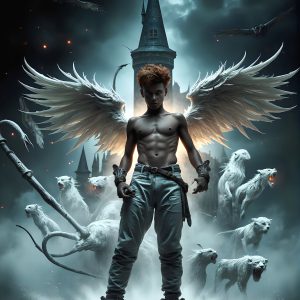 AI male art photos with a fantastical atmosphere. Imagine a Hogwarts School of Witchcraft student, from the Harry Potter series, a handsome, beautiful, and attractive, shirtless young teenage boy, standing firm against a threat. With a detailed Hogwarts castle background, casting a powerful spell, conjuring creatures based on their assigned house crest. From Demonic snakes, powerful lions, fierce badgers, or a murder of Crows. Dementors floating ominously in a cloudy sky, and sparks, shadows, and cinematic lighting, offering an otherworldly vibe.