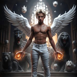 AI male art photos with a fantastical atmosphere. Imagine a Hogwarts School of Witchcraft student, from the Harry Potter series, a handsome, beautiful, and attractive, shirtless young teenage boy, standing firm against a threat. With a detailed Hogwarts castle background, casting a powerful spell, conjuring creatures based on their assigned house crest. From Demonic snakes, powerful lions, fierce badgers, or a murder of Crows. Dementors floating ominously in a cloudy sky, and sparks, shadows, and cinematic lighting, offering an otherworldly vibe.