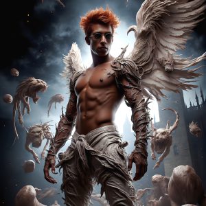 AI male art photos with a fantastical atmosphere. Imagine a Hogwarts School of Witchcraft student, from the Harry Potter series, a handsome, beautiful, and attractive, shirtless young teenage boy, standing firm against a threat. With a detailed Hogwarts castle background, casting a powerful spell, conjuring creatures based on their assigned house crest. From Demonic snakes, powerful lions, fierce badgers, or a murder of Crows. Dementors floating ominously in a cloudy sky, and sparks, shadows, and cinematic lighting, offering an otherworldly vibe.