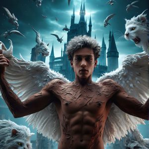 AI male art photos with a fantastical atmosphere. Imagine a Hogwarts School of Witchcraft student, from the Harry Potter series, a handsome, beautiful, and attractive, shirtless young teenage boy, standing firm against a threat. With a detailed Hogwarts castle background, casting a powerful spell, conjuring creatures based on their assigned house crest. From Demonic snakes, powerful lions, fierce badgers, or a murder of Crows. Dementors floating ominously in a cloudy sky, and sparks, shadows, and cinematic lighting, offering an otherworldly vibe.