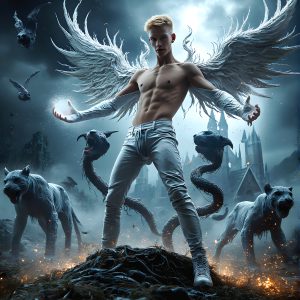 AI male art photos with a fantastical atmosphere. Imagine a Hogwarts School of Witchcraft student, from the Harry Potter series, a handsome, beautiful, and attractive, shirtless young teenage boy, standing firm against a threat. With a detailed Hogwarts castle background, casting a powerful spell, conjuring creatures based on their assigned house crest. From Demonic snakes, powerful lions, fierce badgers, or a murder of Crows. Dementors floating ominously in a cloudy sky, and sparks, shadows, and cinematic lighting, offering an otherworldly vibe.