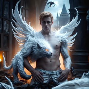 AI male art photos with a fantastical atmosphere. Imagine a Hogwarts School of Witchcraft student, from the Harry Potter series, a handsome, beautiful, and attractive, shirtless young teenage boy, standing firm against a threat. With a detailed Hogwarts castle background, casting a powerful spell, conjuring creatures based on their assigned house crest. From Demonic snakes, powerful lions, fierce badgers, or a murder of Crows. Dementors floating ominously in a cloudy sky, and sparks, shadows, and cinematic lighting, offering an otherworldly vibe.