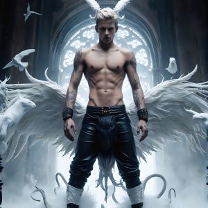 AI male art photos with a fantastical atmosphere. Imagine a Hogwarts School of Witchcraft student, from the Harry Potter series, a handsome, beautiful, and attractive, shirtless young teenage boy, standing firm against a threat. With a detailed Hogwarts castle background, casting a powerful spell, conjuring creatures based on their assigned house crest. From Demonic snakes, powerful lions, fierce badgers, or a murder of Crows. Dementors floating ominously in a cloudy sky, and sparks, shadows, and cinematic lighting, offering an otherworldly vibe.