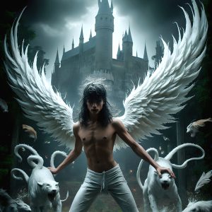 AI male art photos with a fantastical atmosphere. Imagine a Hogwarts School of Witchcraft student, from the Harry Potter series, a handsome, beautiful, and attractive, shirtless young teenage boy, standing firm against a threat. With a detailed Hogwarts castle background, casting a powerful spell, conjuring creatures based on their assigned house crest. From Demonic snakes, powerful lions, fierce badgers, or a murder of Crows. Dementors floating ominously in a cloudy sky, and sparks, shadows, and cinematic lighting, offering an otherworldly vibe.