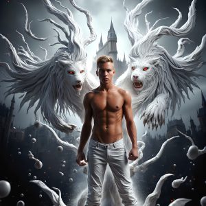 AI male art photos with a fantastical atmosphere. Imagine a Hogwarts School of Witchcraft student, from the Harry Potter series, a handsome, beautiful, and attractive, shirtless young teenage boy, standing firm against a threat. With a detailed Hogwarts castle background, casting a powerful spell, conjuring creatures based on their assigned house crest. From Demonic snakes, powerful lions, fierce badgers, or a murder of Crows. Dementors floating ominously in a cloudy sky, and sparks, shadows, and cinematic lighting, offering an otherworldly vibe.