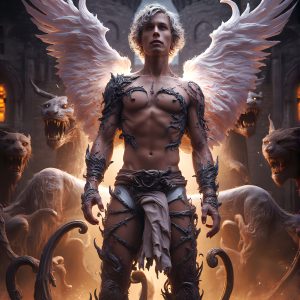 AI male art photos with a fantastical atmosphere. Imagine a Hogwarts School of Witchcraft student, from the Harry Potter series, a handsome, beautiful, and attractive, shirtless young teenage boy, standing firm against a threat. With a detailed Hogwarts castle background, casting a powerful spell, conjuring creatures based on their assigned house crest. From Demonic snakes, powerful lions, fierce badgers, or a murder of Crows. Dementors floating ominously in a cloudy sky, and sparks, shadows, and cinematic lighting, offering an otherworldly vibe.