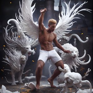 AI male art photos with a fantastical atmosphere. Imagine a Hogwarts School of Witchcraft student, from the Harry Potter series, a handsome, beautiful, and attractive, shirtless young teenage boy, standing firm against a threat. With a detailed Hogwarts castle background, casting a powerful spell, conjuring creatures based on their assigned house crest. From Demonic snakes, powerful lions, fierce badgers, or a murder of Crows. Dementors floating ominously in a cloudy sky, and sparks, shadows, and cinematic lighting, offering an otherworldly vibe.