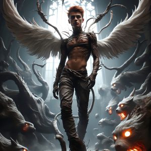 AI male art photos with a fantastical atmosphere. Imagine a Hogwarts School of Witchcraft student, from the Harry Potter series, a handsome, beautiful, and attractive, shirtless young teenage boy, standing firm against a threat. With a detailed Hogwarts castle background, casting a powerful spell, conjuring creatures based on their assigned house crest. From Demonic snakes, powerful lions, fierce badgers, or a murder of Crows. Dementors floating ominously in a cloudy sky, and sparks, shadows, and cinematic lighting, offering an otherworldly vibe.