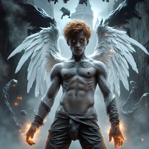 AI male art photos with a fantastical atmosphere. Imagine a Hogwarts School of Witchcraft student, from the Harry Potter series, a handsome, beautiful, and attractive, shirtless young teenage boy, standing firm against a threat. With a detailed Hogwarts castle background, casting a powerful spell, conjuring creatures based on their assigned house crest. From Demonic snakes, powerful lions, fierce badgers, or a murder of Crows. Dementors floating ominously in a cloudy sky, and sparks, shadows, and cinematic lighting, offering an otherworldly vibe.