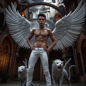 AI male art photos with a fantastical atmosphere. Imagine a Hogwarts School of Witchcraft student, from the Harry Potter series, a handsome, beautiful, and attractive, shirtless young teenage boy, standing firm against a threat. With a detailed Hogwarts castle background, casting a powerful spell, conjuring creatures based on their assigned house crest. From Demonic snakes, powerful lions, fierce badgers, or a murder of Crows. Dementors floating ominously in a cloudy sky, and sparks, shadows, and cinematic lighting, offering an otherworldly vibe.