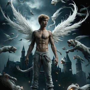 AI male art photos with a fantastical atmosphere. Imagine a Hogwarts School of Witchcraft student, from the Harry Potter series, a handsome, beautiful, and attractive, shirtless young teenage boy, standing firm against a threat. With a detailed Hogwarts castle background, casting a powerful spell, conjuring creatures based on their assigned house crest. From Demonic snakes, powerful lions, fierce badgers, or a murder of Crows. Dementors floating ominously in a cloudy sky, and sparks, shadows, and cinematic lighting, offering an otherworldly vibe.