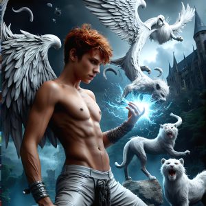 AI male art photos with a fantastical atmosphere. Imagine a Hogwarts School of Witchcraft student, from the Harry Potter series, a handsome, beautiful, and attractive, shirtless young teenage boy, standing firm against a threat. With a detailed Hogwarts castle background, casting a powerful spell, conjuring creatures based on their assigned house crest. From Demonic snakes, powerful lions, fierce badgers, or a murder of Crows. Dementors floating ominously in a cloudy sky, and sparks, shadows, and cinematic lighting, offering an otherworldly vibe.