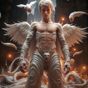 AI male art photos with a fantastical atmosphere. Imagine a Hogwarts School of Witchcraft student, from the Harry Potter series, a handsome, beautiful, and attractive, shirtless young teenage boy, standing firm against a threat. With a detailed Hogwarts castle background, casting a powerful spell, conjuring creatures based on their assigned house crest. From Demonic snakes, powerful lions, fierce badgers, or a murder of Crows. Dementors floating ominously in a cloudy sky, and sparks, shadows, and cinematic lighting, offering an otherworldly vibe.